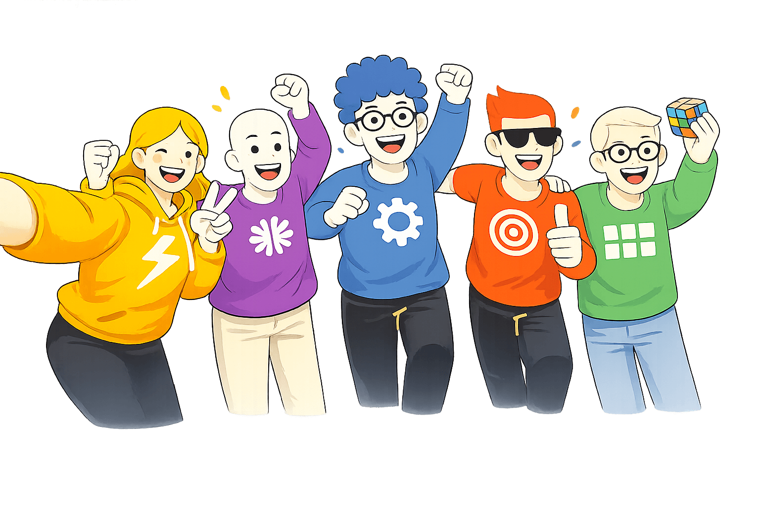 Five characters representing Podium Arena's skill categories — Reflex, Memory, Logic, Focus, and Pattern